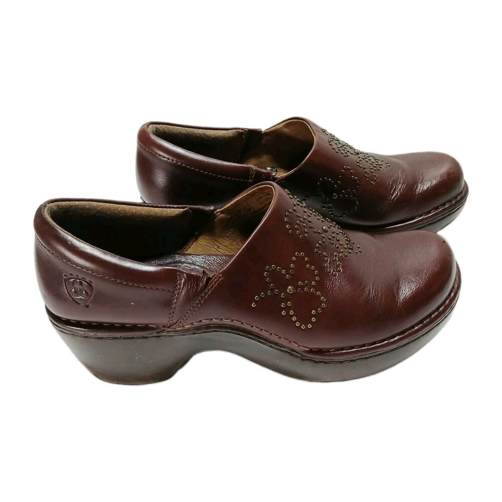 Ariat Strathmore Leather Clogs Size 8.5B Stacked Heel, Studded Floral Pattern